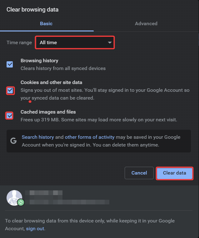 Выбор очистки cookies и кэша