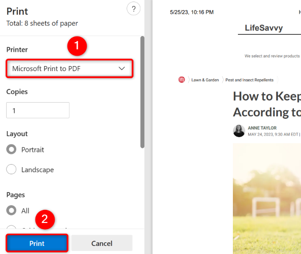 Измените параметры печати и выберите 