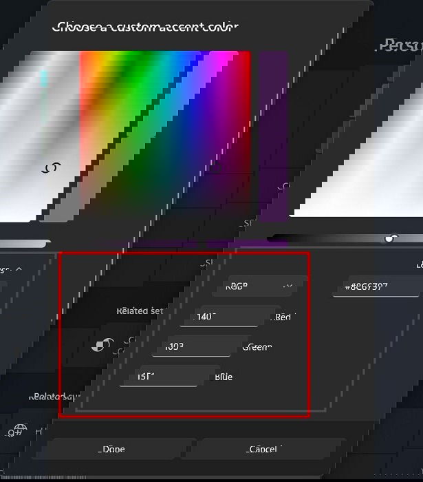 Дополнительные параметры при выборе пользовательского цвета акцента в Windows.