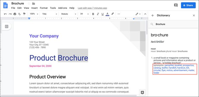 Синонимы в встроенном словаре Google Docs