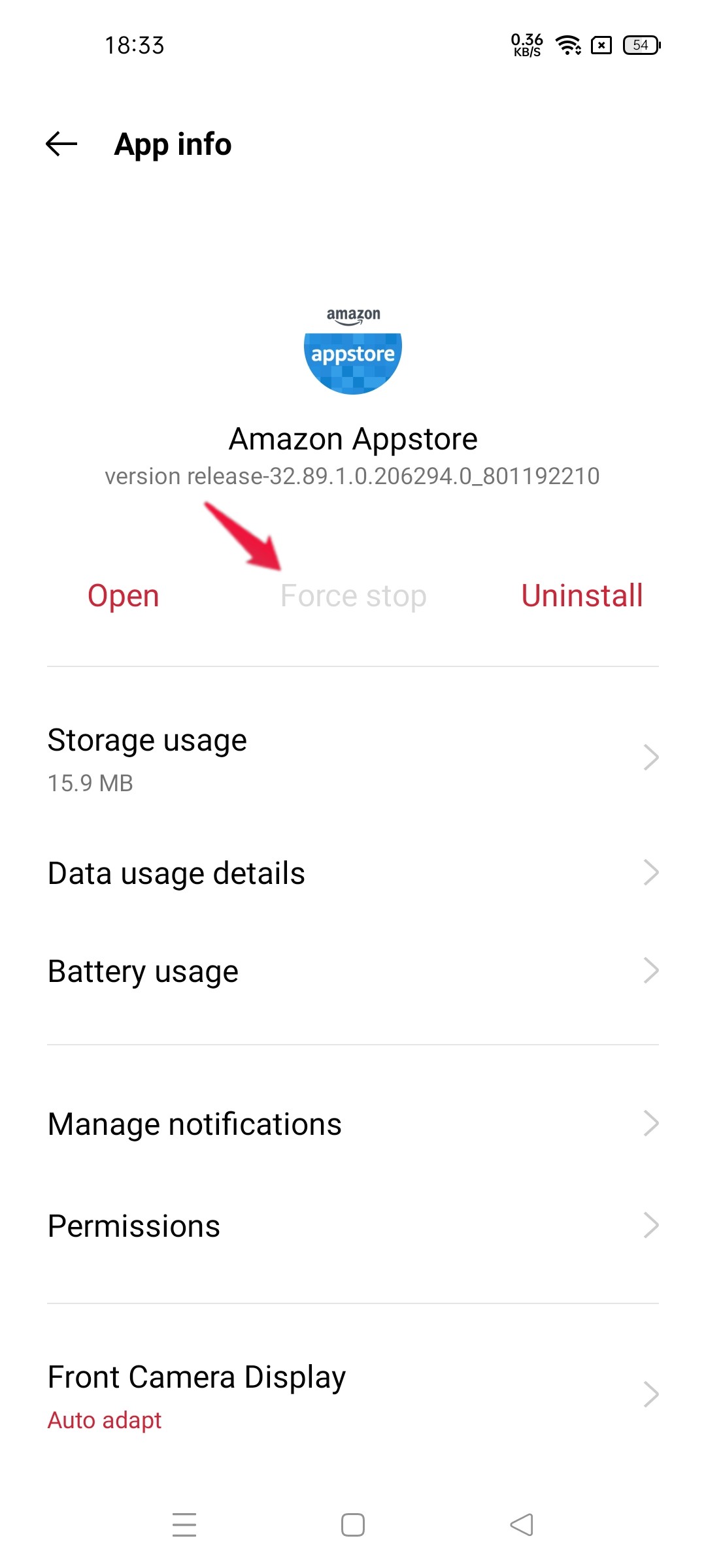 Option Forcer l'arrêt dans les paramètres de l'application