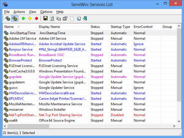 Список служб в ServiWin