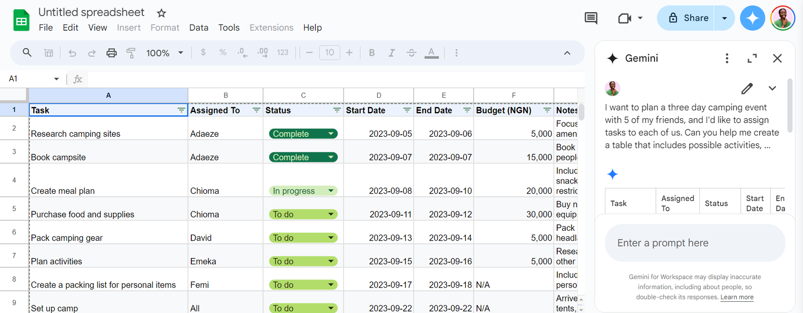 Gemini в Google Sheets в действии: автоматическая генерация структуры таблицы.