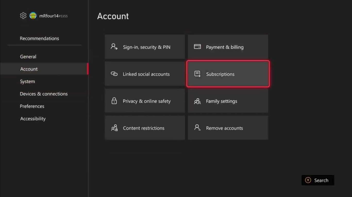 Скриншот настроек Учетной записи на Xbox Series X с выделенным Подписки