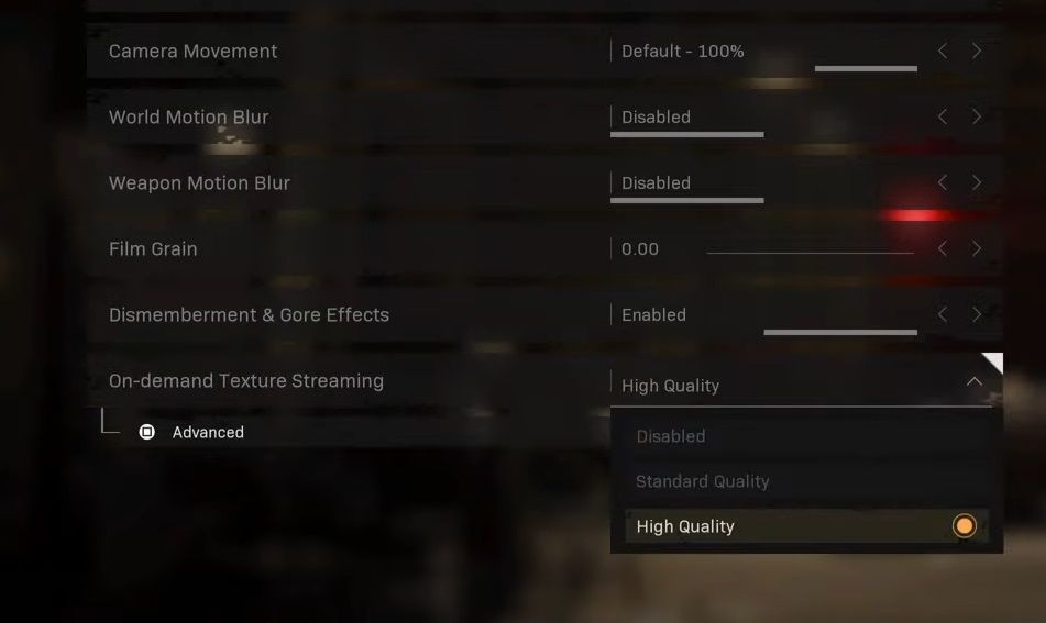 Параметр On-demand Texture Streaming в настройках Warzone
