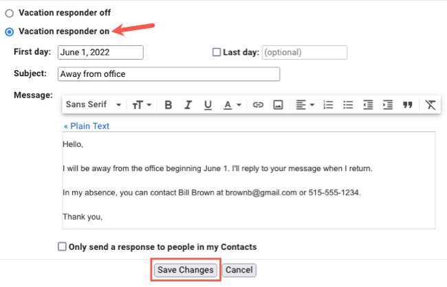Кнопка включения автоответчика и сохранение изменений