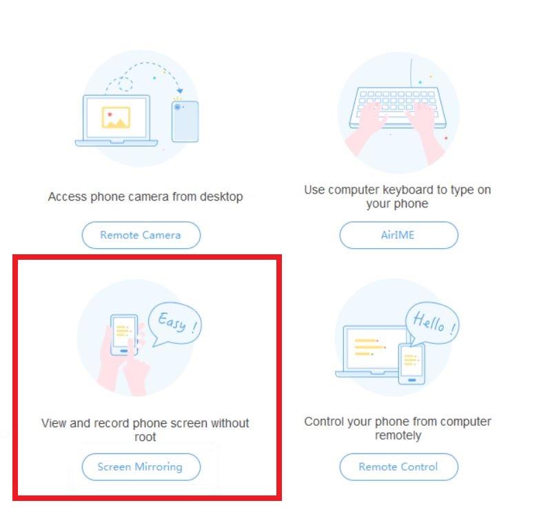 Выберите Screen Mirroring в клиенте AirDroid на ПК