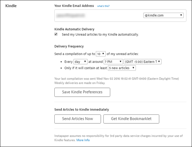Кнопка отправки в Kindle из Instapaper