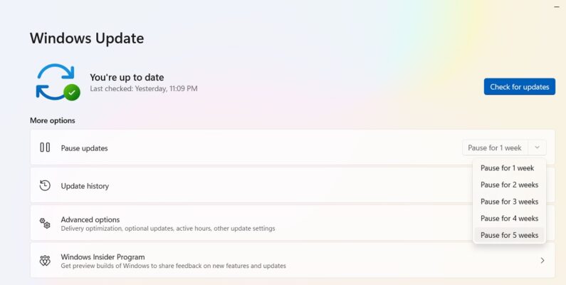 Приостановка обновлений до пяти недель
