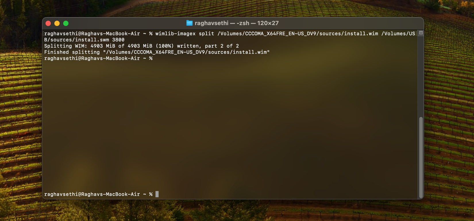 Разделение файла с помощью wimlib