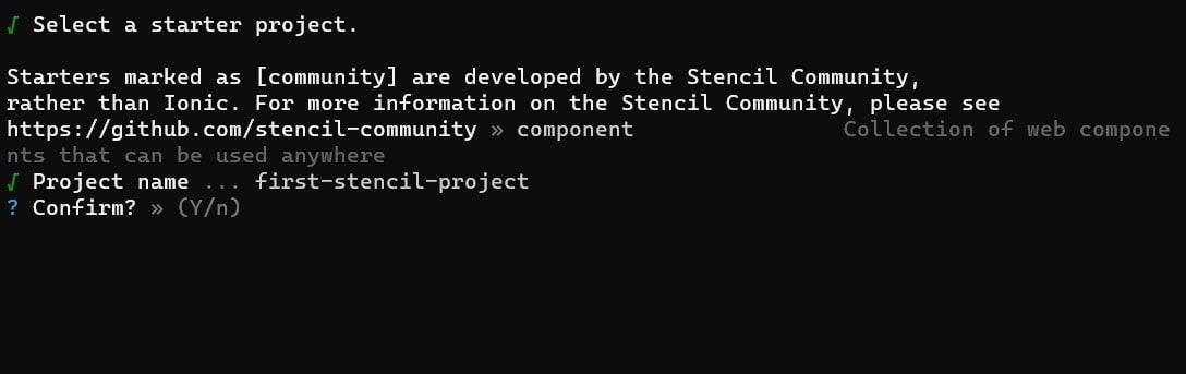 Подтверждение старта проекта stencil.js в терминале