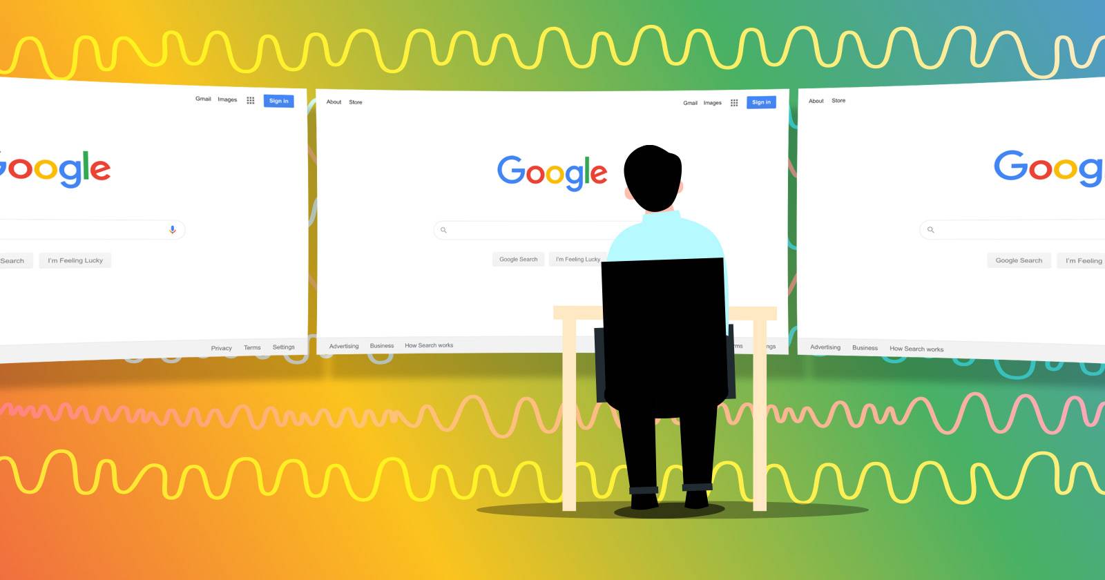 Графическое изображение человека, сидящего перед несколькими окнами Google