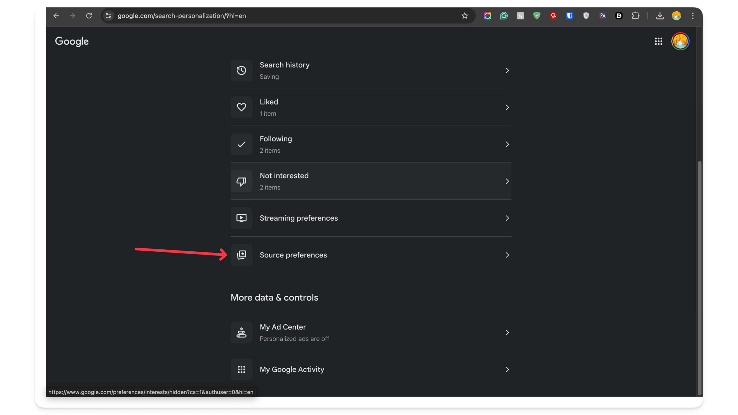 Экран настроек источников на Google