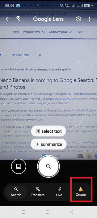 Create button in Google Lens app in camera mode (Android) with a banana icon visible.