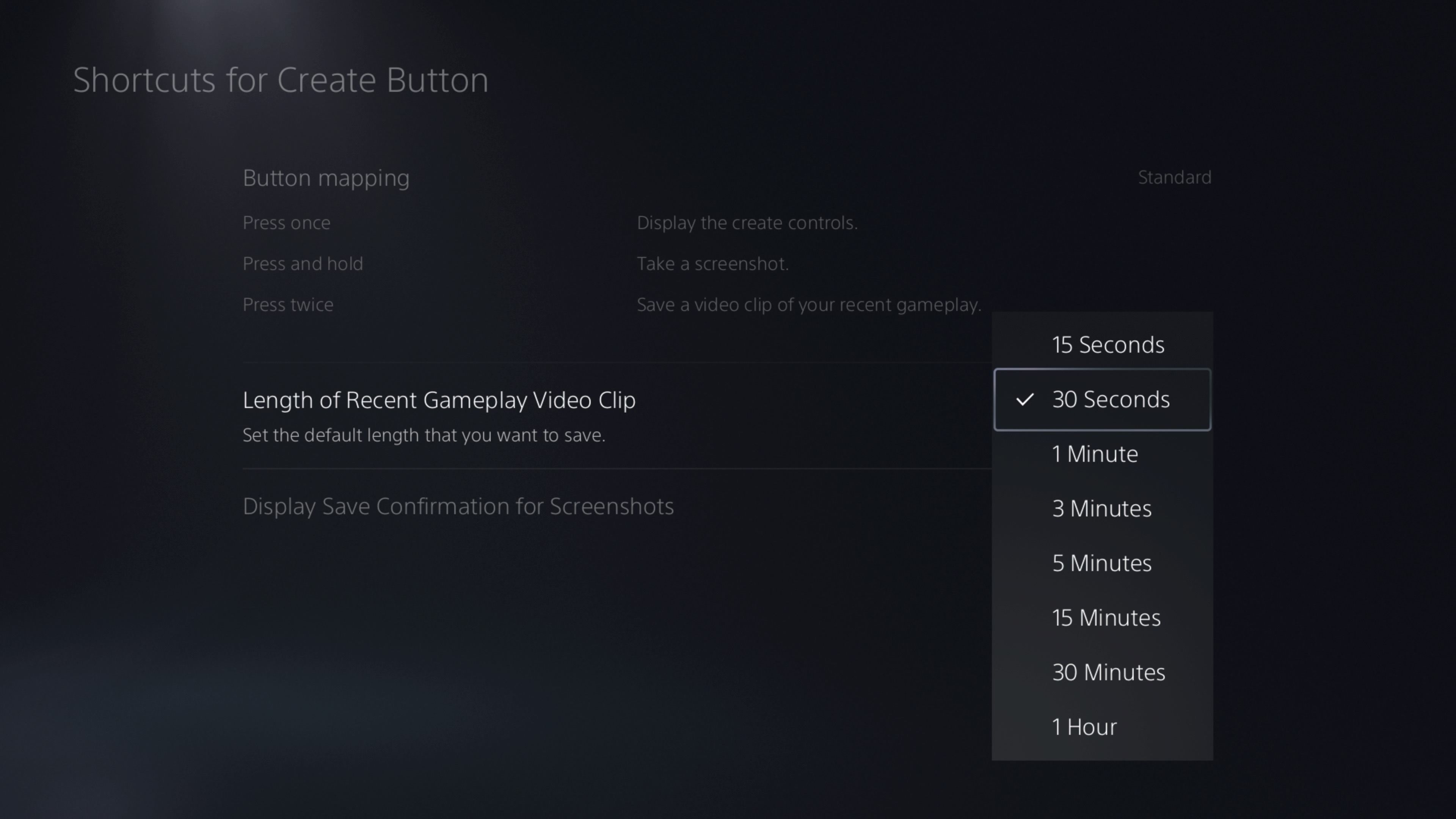 Меню Shortcuts for Create Button с выбором длины видео