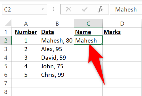 Щелкните ячейку C2 и вручную введите первое значение.
