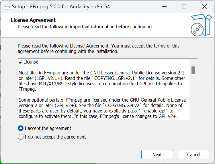Мастер установки FFmpeg — выбор параметров