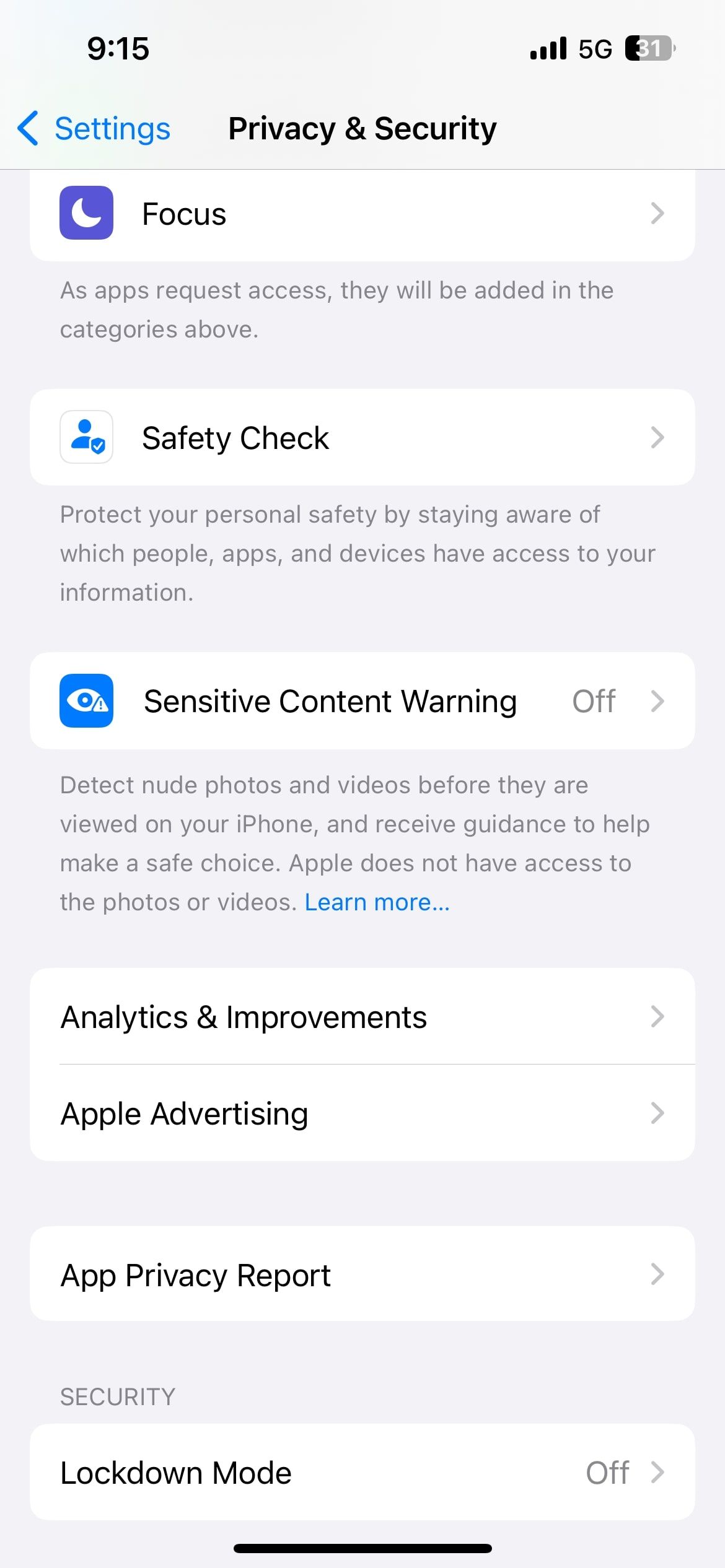 Опция Предупреждение о чувствительном содержимом в Настройках