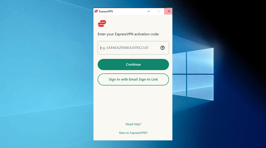 Интерфейс ExpressVPN с окном входа