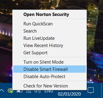 Контекстное меню Norton Security с опцией отключения