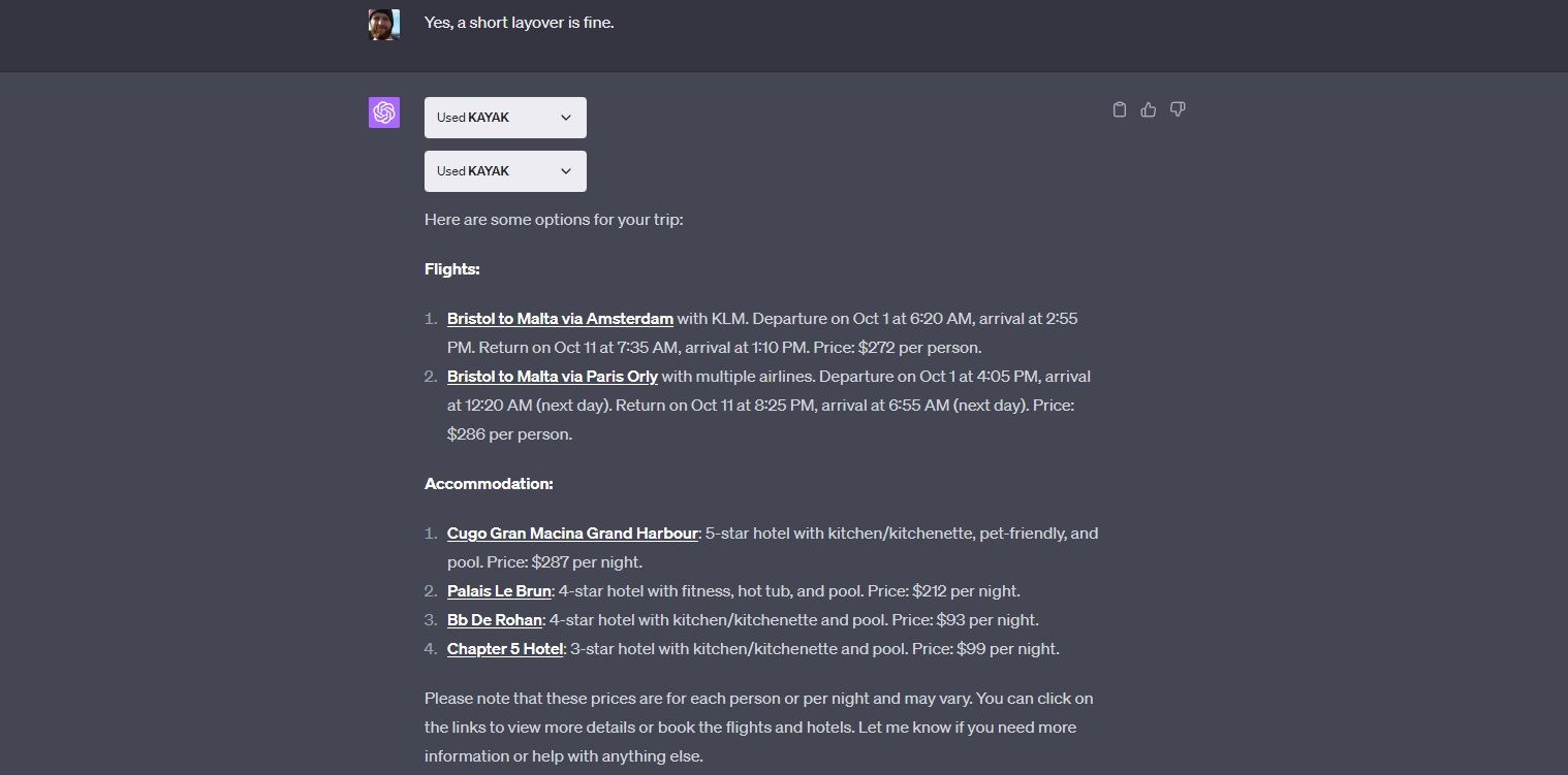 итоговые предложения Kayak