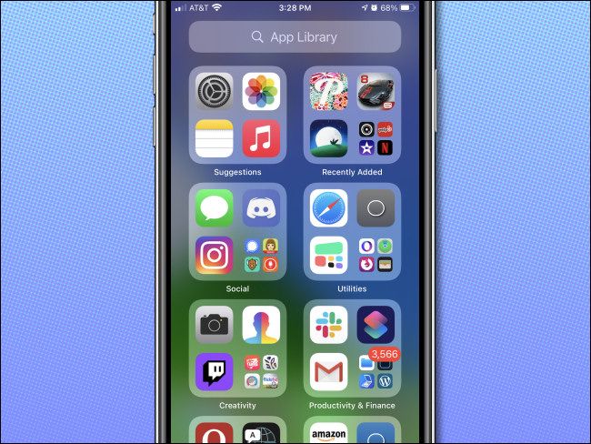 Общий вид App Library на iPhone с обзором категорий