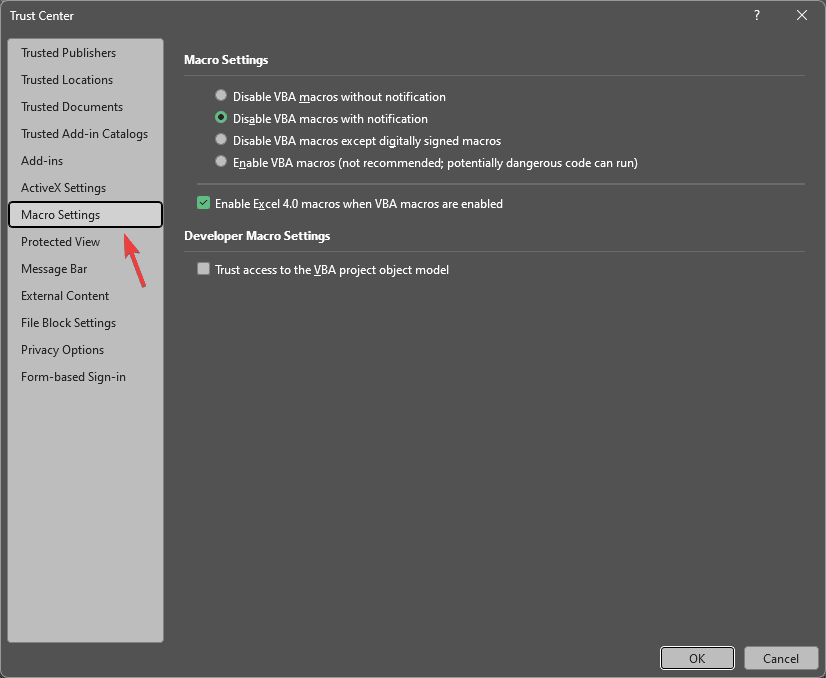 Параметры макросов в Trust Center