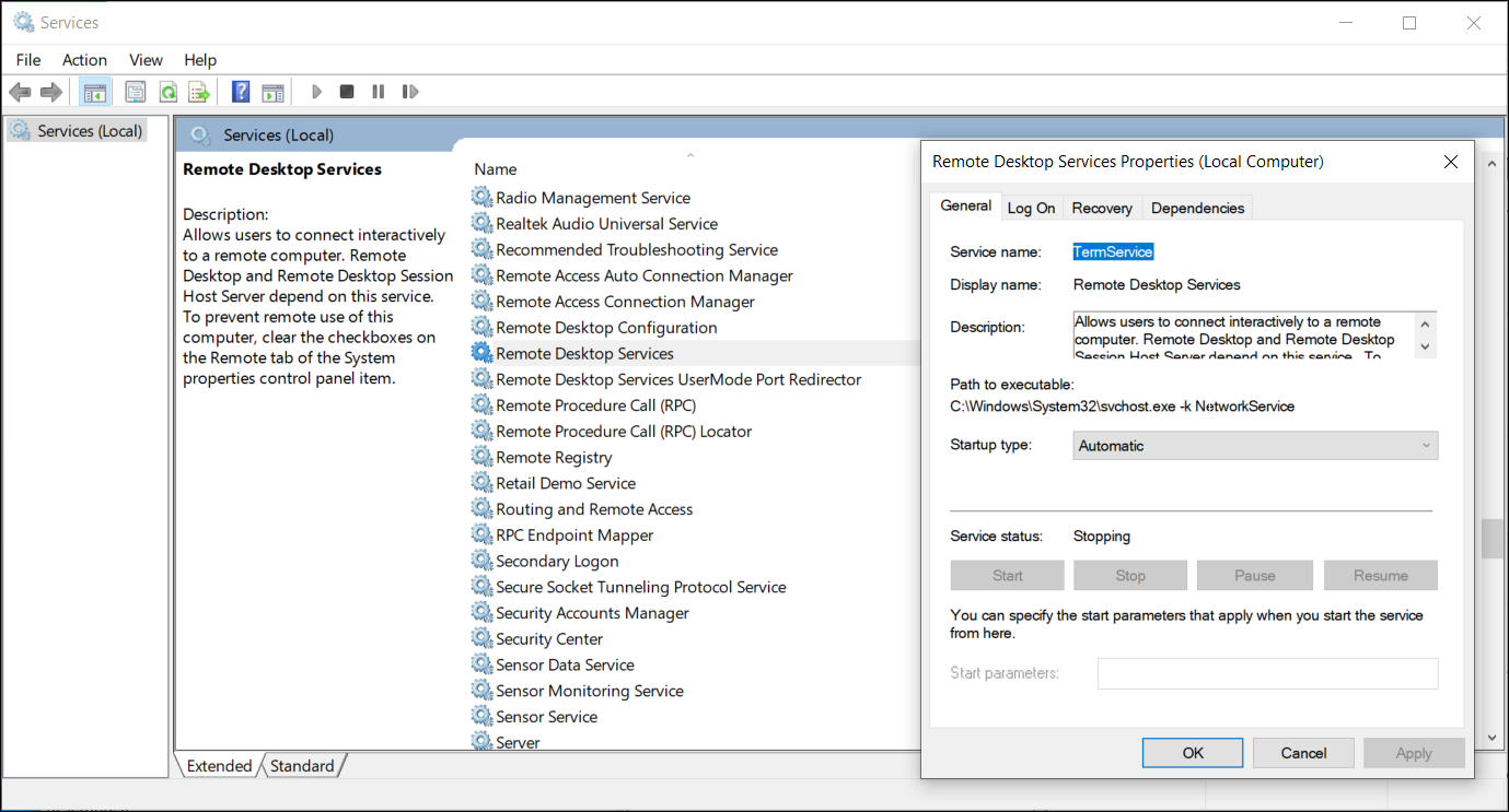Окно служб Windows для управления Remote Desktop Services
