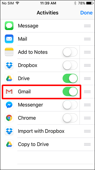 Включение Gmail в список доступных действий iOS