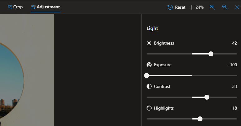 Параметры корректировок в окне предварительного просмотра редактора