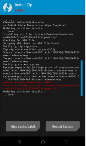 Сообщение об ошибке Error 7 в TWRP на экране