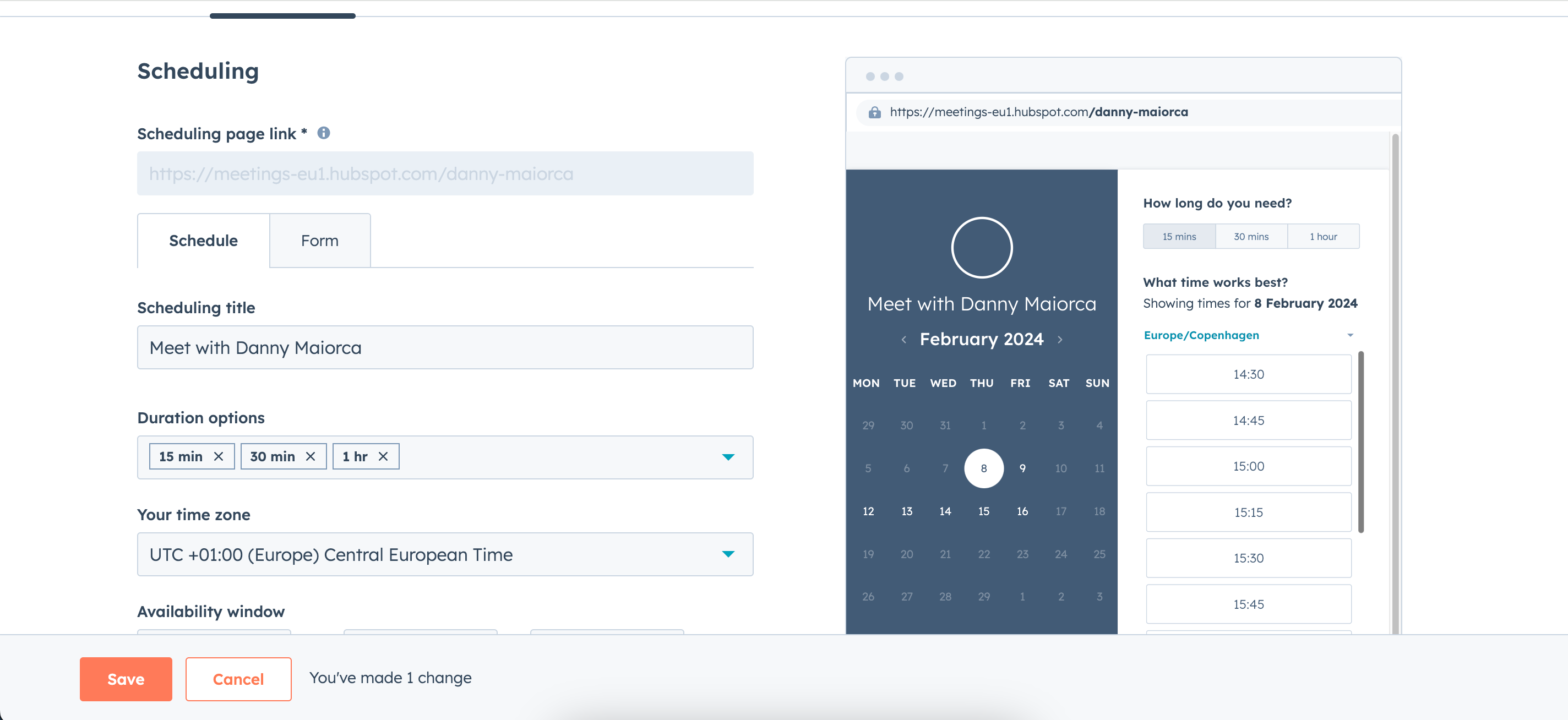 Изменение длительности и временной зоны в HubSpot