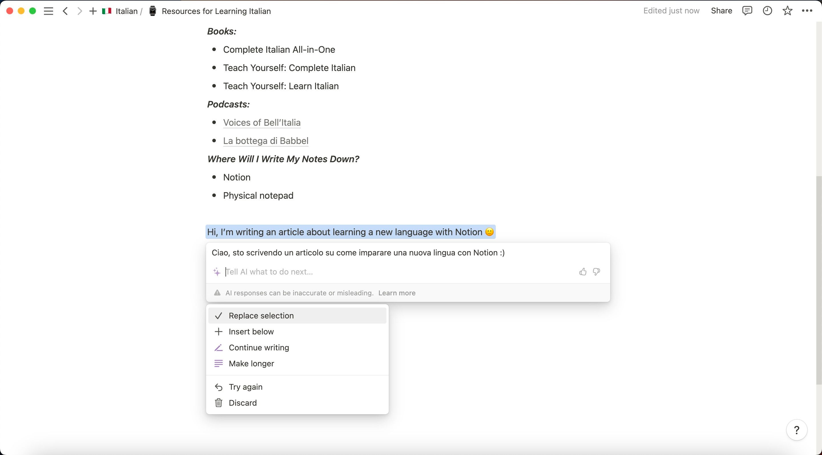 Пример перевода предложения на итальянский в Notion Скриншот