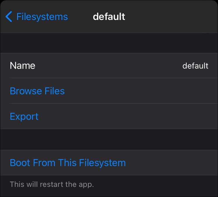 Скриншот: настройка файловых систем в iSH