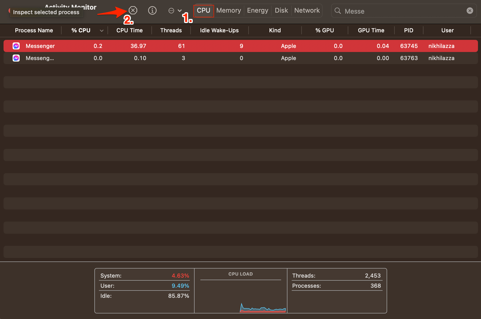 Поиск процесса Messenger в Мониторе системы