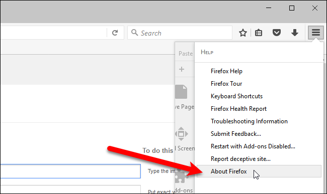Выбор About Firefox в панели справки