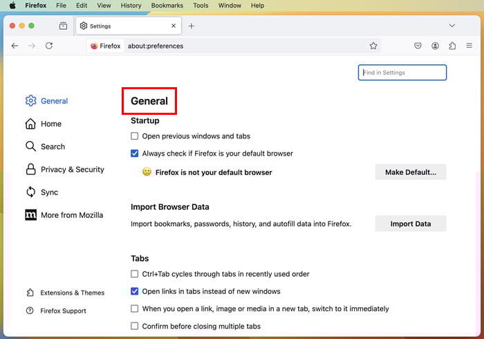 Страница Общие в Firefox на macOS