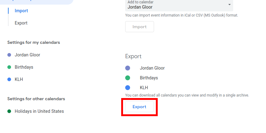 Экспорт всех календарей и событий в Google Календаре