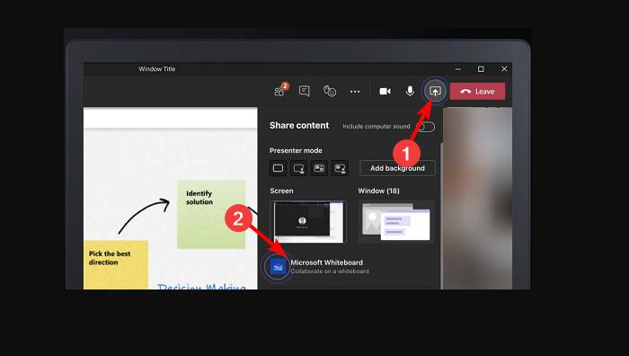 Меню Поделиться в Microsoft Teams — опция Microsoft Whiteboard