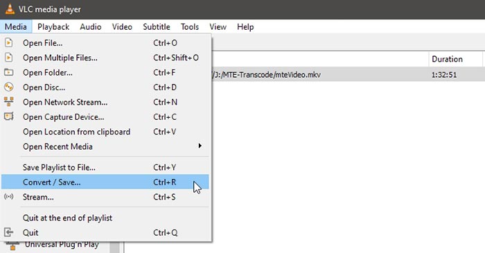 Диалог конвертации в VLC с выбранным файлом