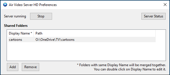 Список общих папок в Air Video Server HD
