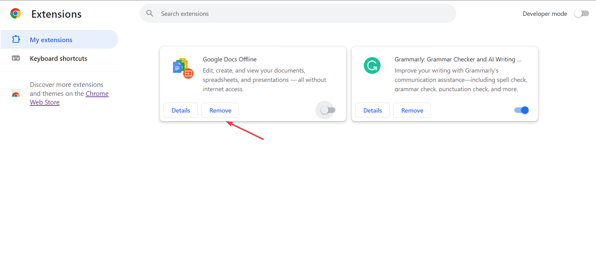 Кнопка удаления расширения в Chrome