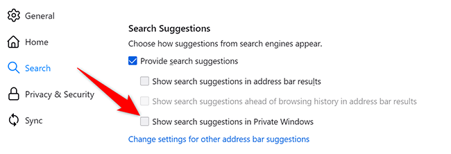 Отключите опцию «Показывать подсказки поиска в приватных окнах» на странице Настроек в Firefox на компьютере.