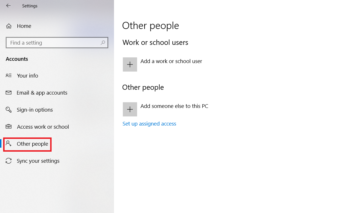 Окно настроек Windows 10: Добавление другого пользователя