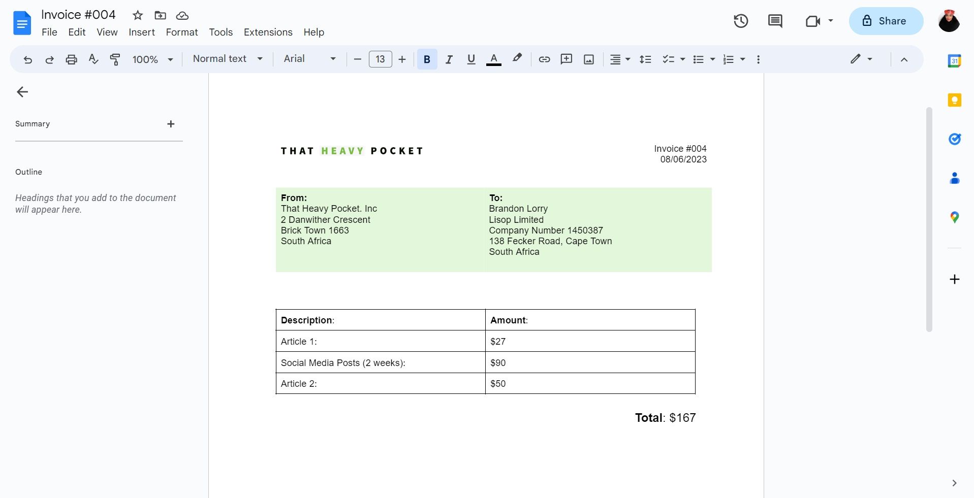 Таблица с позициями и суммами в счёте в Google Docs