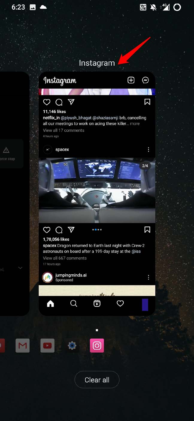 Закрыть приложение Instagram на Android