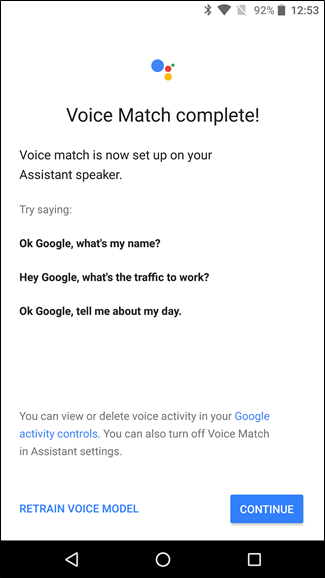 Подтверждение успешного добавления голосового профиля в Google Home