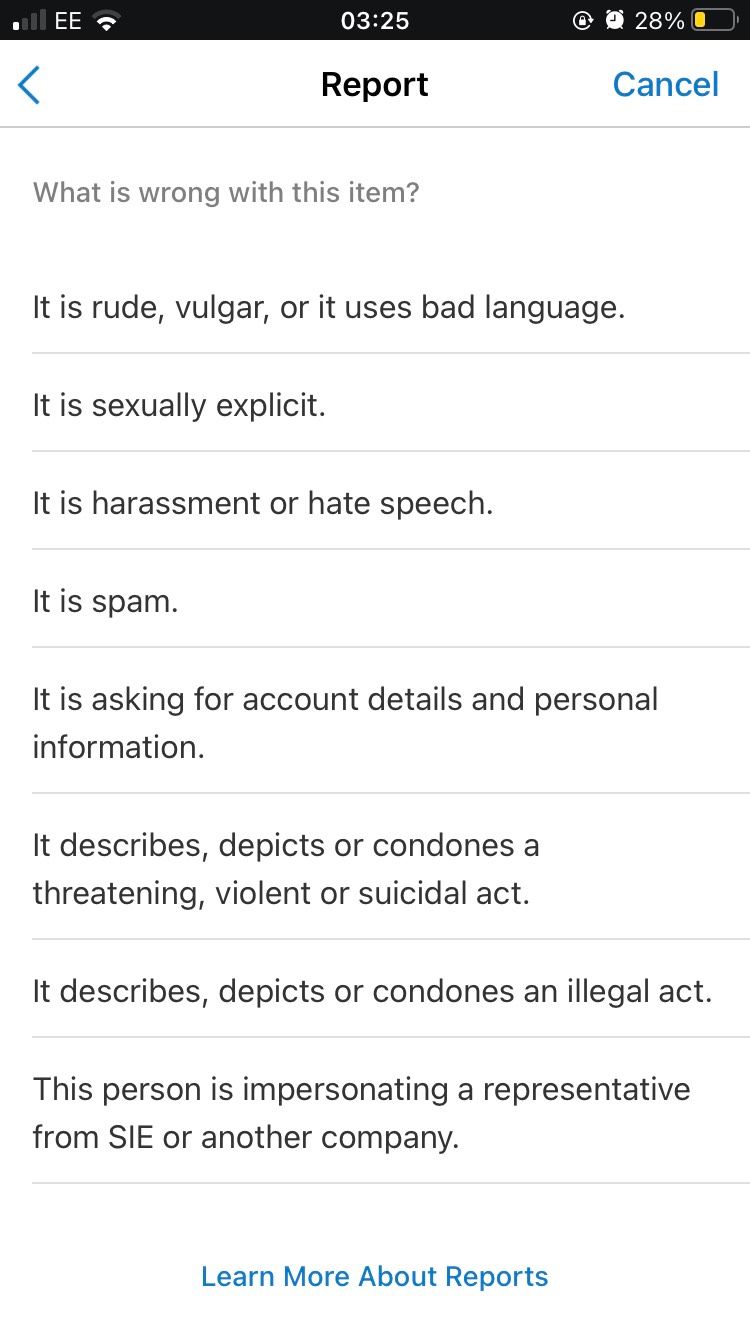 Список причин для жалобы в приложении PlayStation