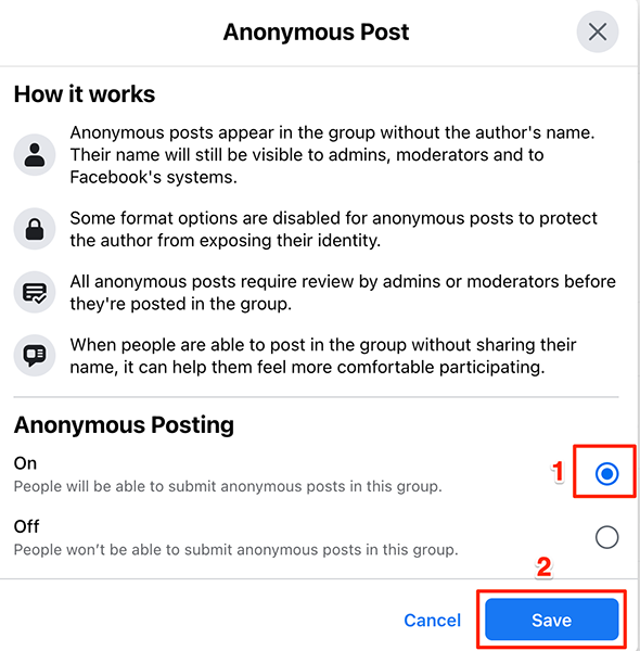 Включите «On» в окне «Анонимные публикации» на сайте Facebook.