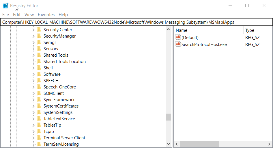 Clave MSMapiApps en el Editor del Registro